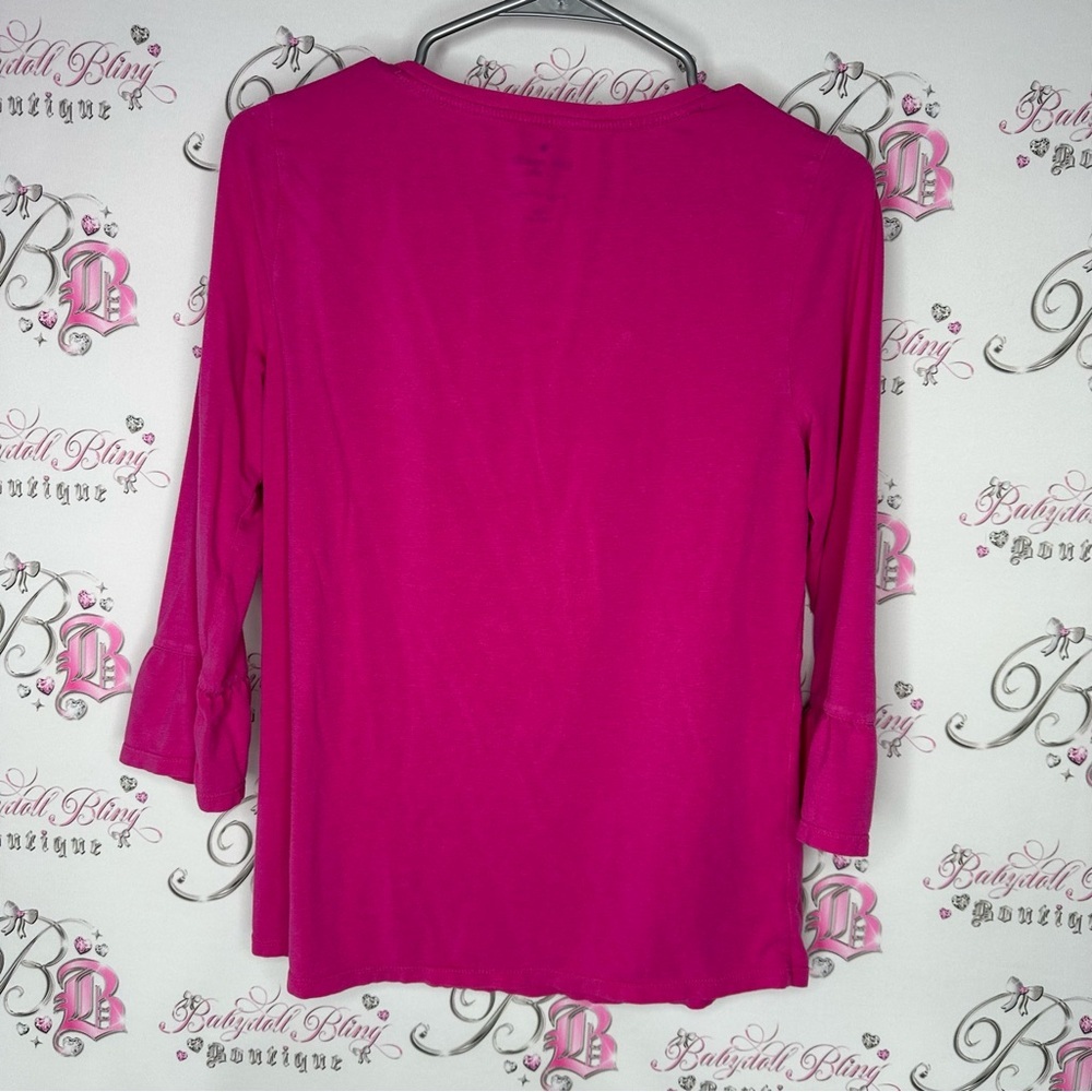 Kate spade cheers darling top ruffle frill sleeve cuff black pink soft stretchy - Picture 2 of 6
